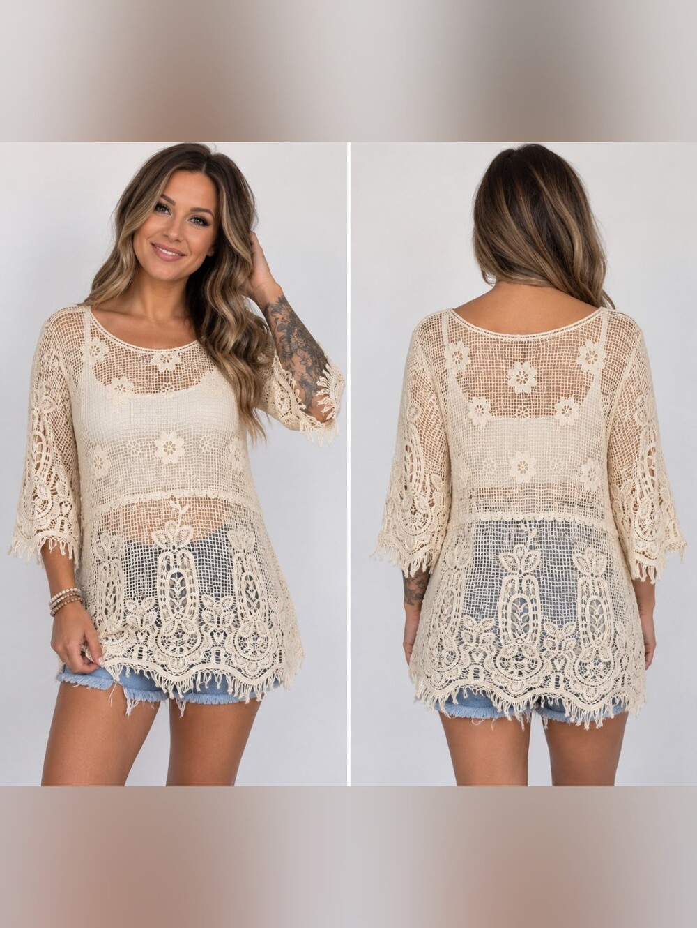 Solitaire by Ravi Khosla Ivory Crochet Lace Boho Tunic Top 100% Cotton M